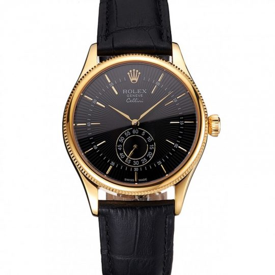 Replica Rolex Cellini Black Dial Gold Case Black Leather Strap