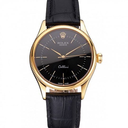 Replica Rolex Cellini Black Dial Gold Markings Gold Case Black Leather Strap