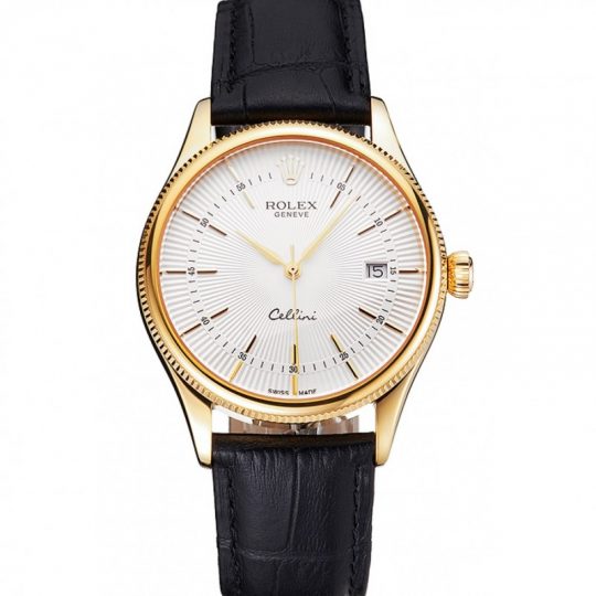 Replica Rolex Cellini Date White Dial Gold Case Black Leather Strap