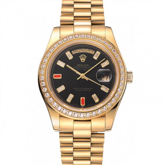 Replica Rolex Day-Date Diamonds And Rubies Black Dial Yellow Gold Bracelet 1454101