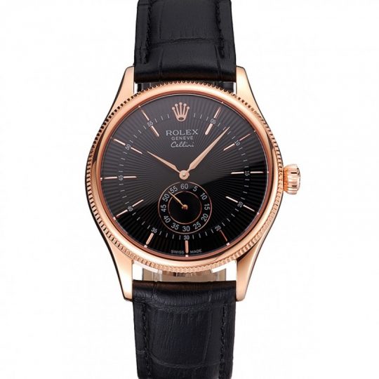 Replica Rolex Cellini Black Dial Rose Gold Case Black Leather Strap