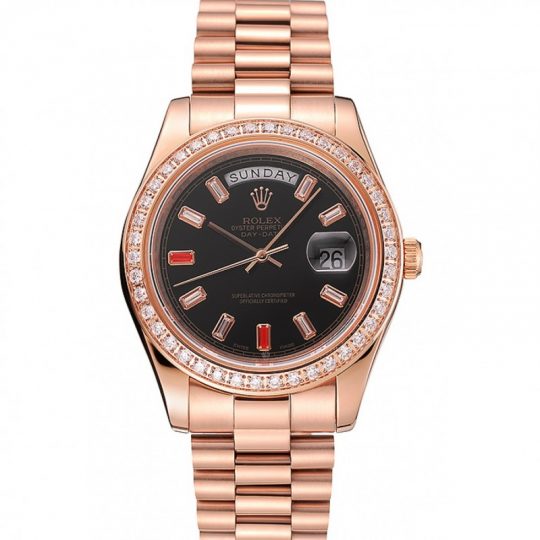 Replica Rolex Day-Date Diamonds And Rubies Black Dial Rose Gold Bracelet 1454102