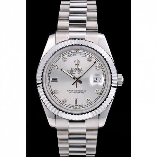 Replica Rolex DayDate Stainless Steel Ribbed Bezel Silver Dial 41995