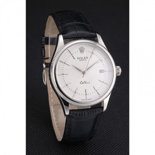 Replica Rolex Cellini Date White Dial Stainless Steel Case Black Leather Strap