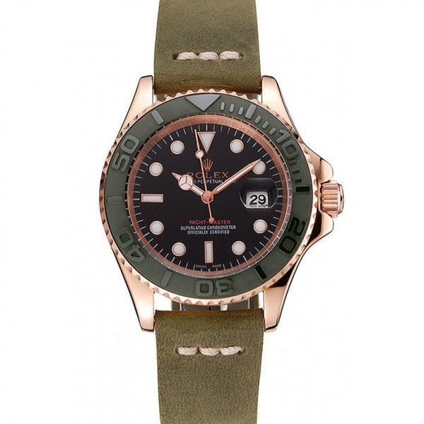 Replica Rolex Yacht-Master Black Dial Green Bezel Rose Gold Case Green Leather Bracelet 1453862