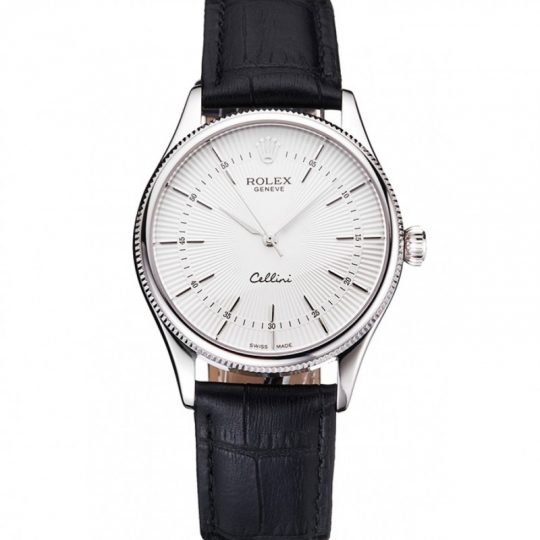 Replica Rolex Cellini White Guilloche Dial Stainless Steel Case Black Leather Strap