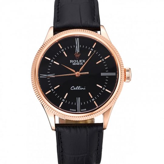 Replica Rolex Cellini Time Rose Gold Case Black Dial Black Leather Bracelet 622656