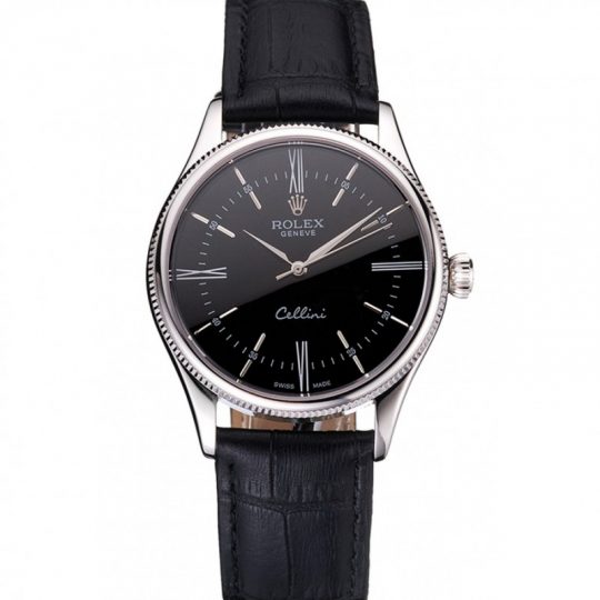 Replica Rolex Cellini Black Dial Roman Numerals Stainless Steel Case Black Leather Strap