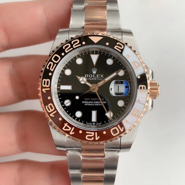 Replica Rolex GMT-Master II EW factory Rose Gold Stainless Steel Black