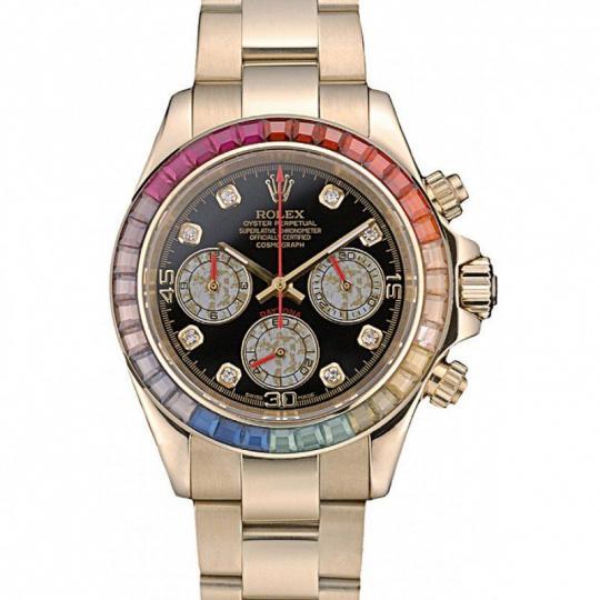 Replica Rolex Daytona Cosmograph Rainbow Crystals Bezel Rose Gold Strap Black Dial 80251