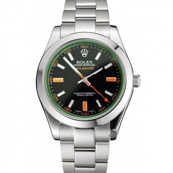 Replica Rolex Milgauss Black Dial Orange Markings Stainless Steel Case And Bracelet