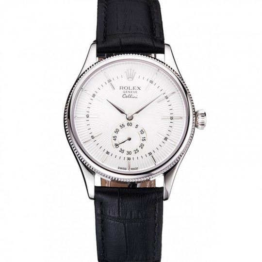 Replica Rolex Cellini White Dial Stainless Steel Case Black Leather Strap