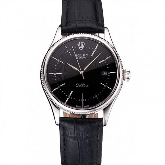 Replica Rolex Cellini Date Black Dial Stainless Steel Case Black Leather Strap