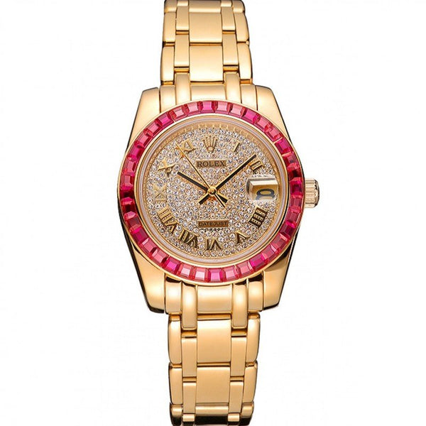 Replica Rolex Datejust Diamond Dial Pink Jewels Bezel Gold Case And Bracelet 622835