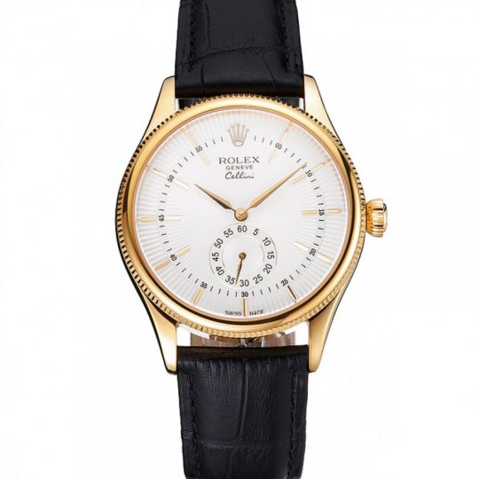 Replica Rolex Cellini White Dial Gold Case Black Leather Strap