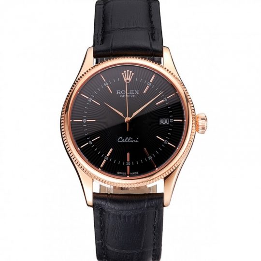 Replica Rolex Cellini Date Black Dial Rose Gold Markings Rose Gold Case Black Leather Strap