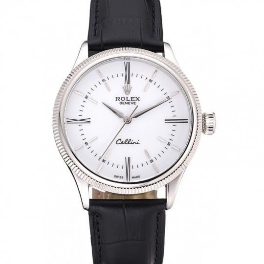 Replica Rolex Cellini Time Silver Case White Dial Black Leather Bracelet 622653