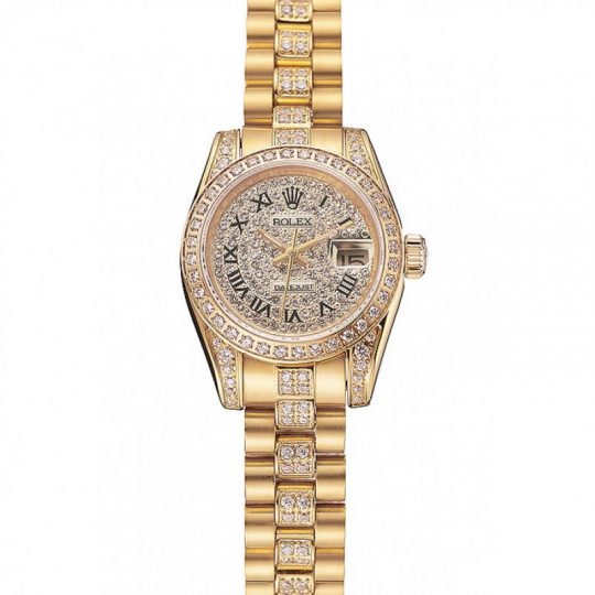 Replica Rolex DayJust Diamond Pave Dial Gold Diamond Bracelet 1453955