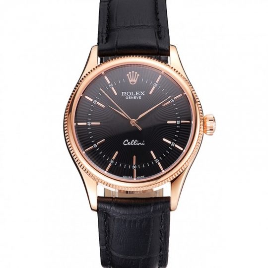 Replica Rolex Cellini Black Dial Rose Gold Markings Rose Gold Case Black Leather Strap